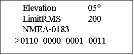 Подпись: Elevation 05° LimitRMS 200 NMEA-0183 >0110 0000 0001 0011